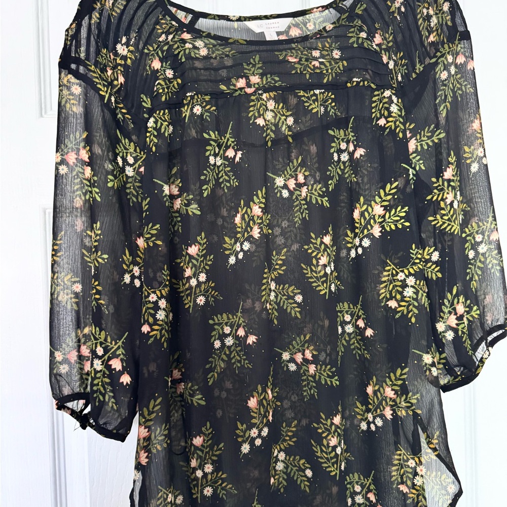 LC Lauren Conrad Black Sheer Blouse with Pink & Green Floral Print - Picture 4 of 4